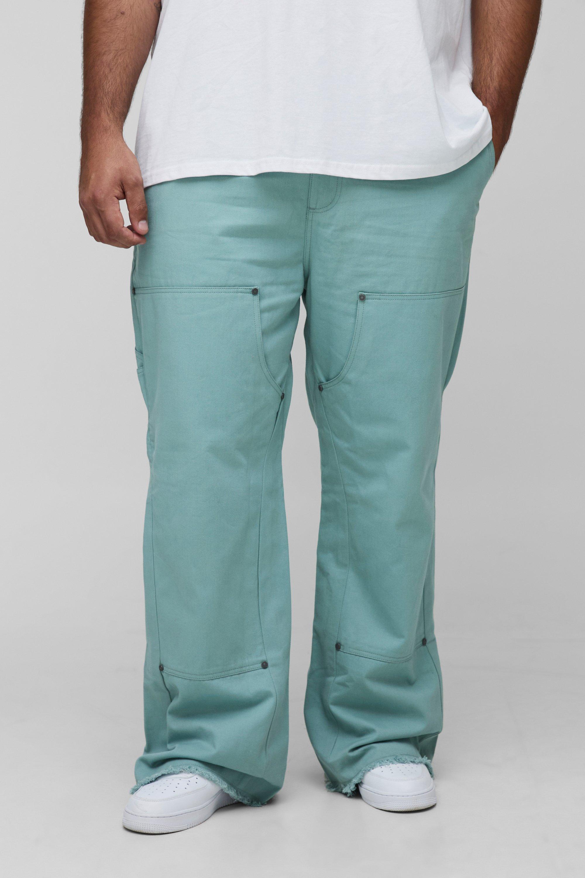 Boohoo Plus Slim Fit Washed Raw Hem Carpenter Flared Pants, Sage
