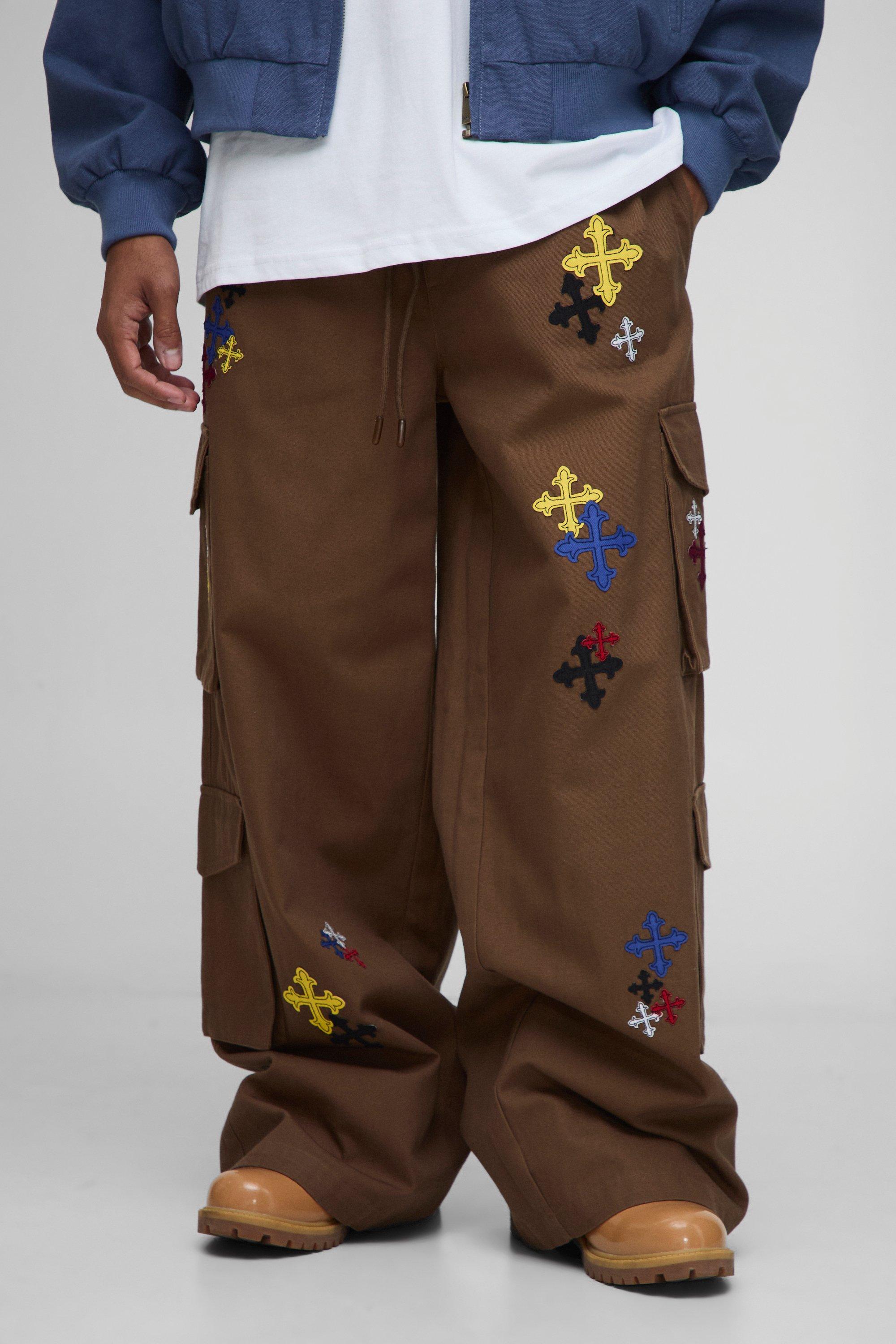 Boohoo Elasticated Waist Super Baggy Cross Applique Cargo Pants, Brown