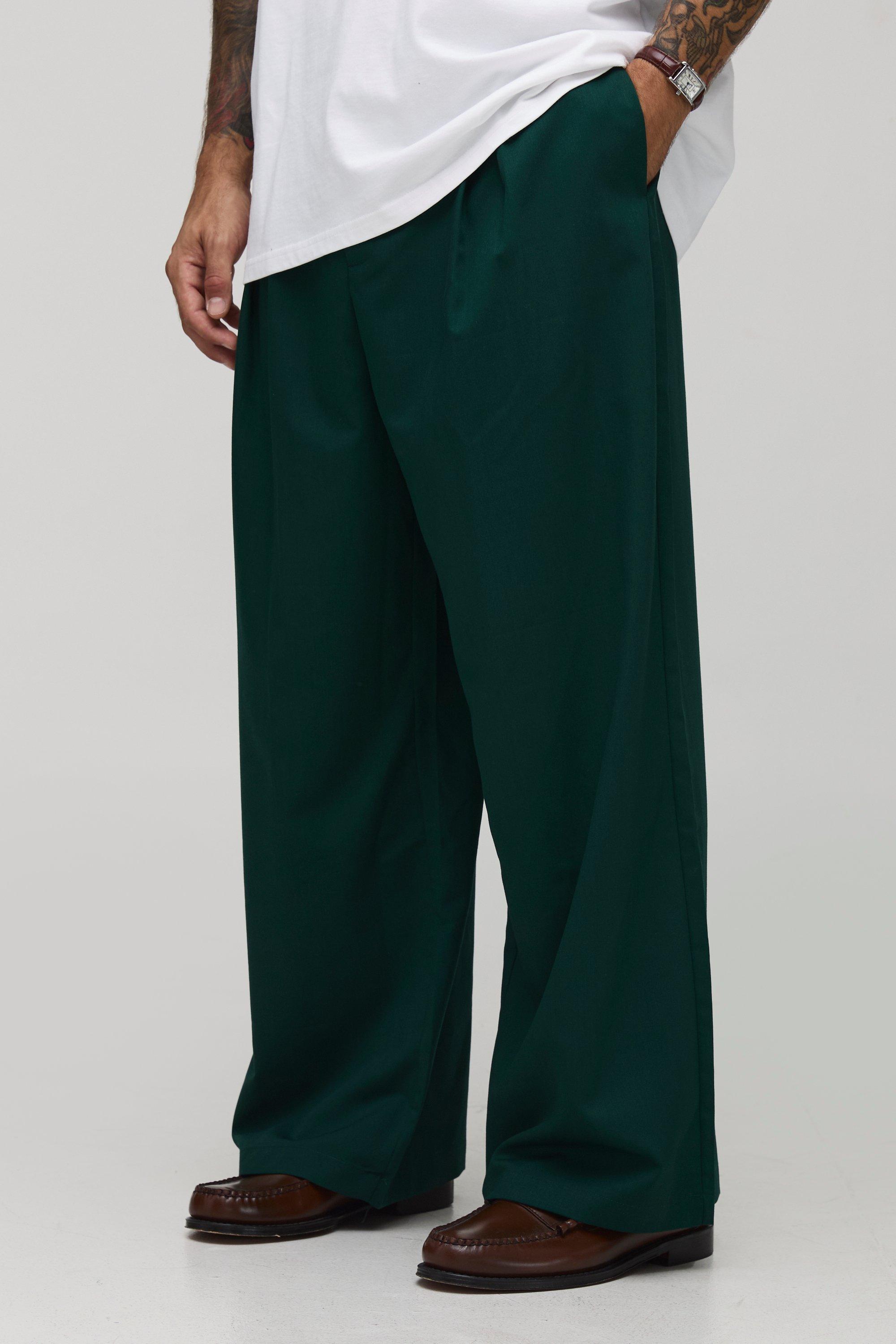 Boohoo Wide Fit Pleat Front Tailored Smart Pants, Forest