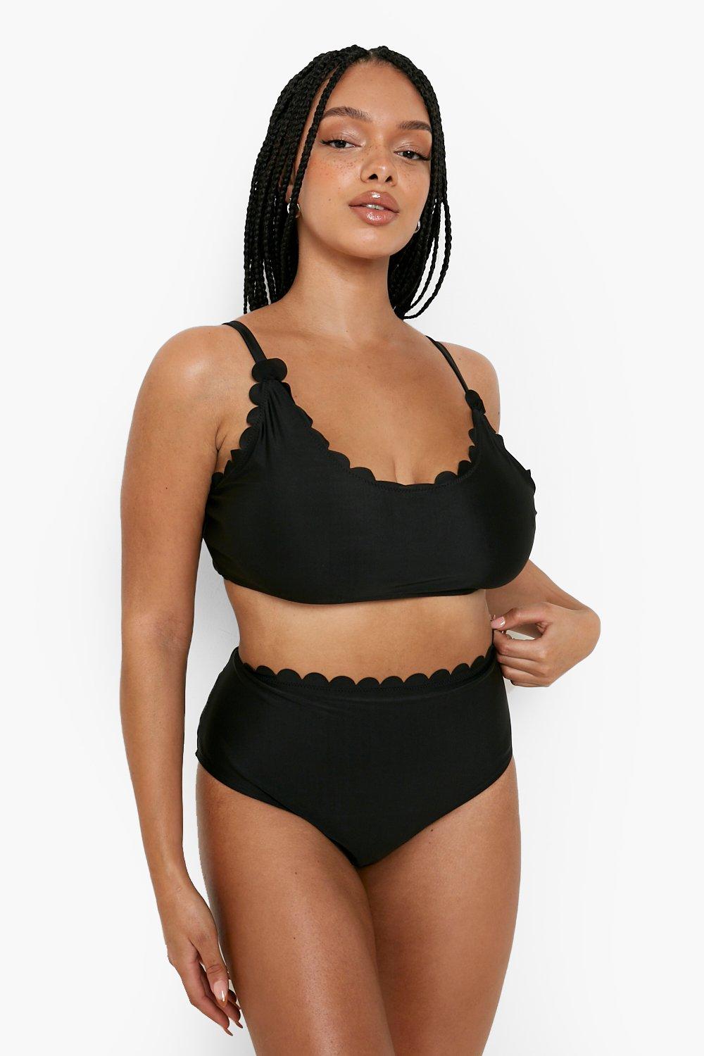 Boohoo Plus Mix & Match High Waist Bikini Broekje Met Geribbelde Zoom, Black