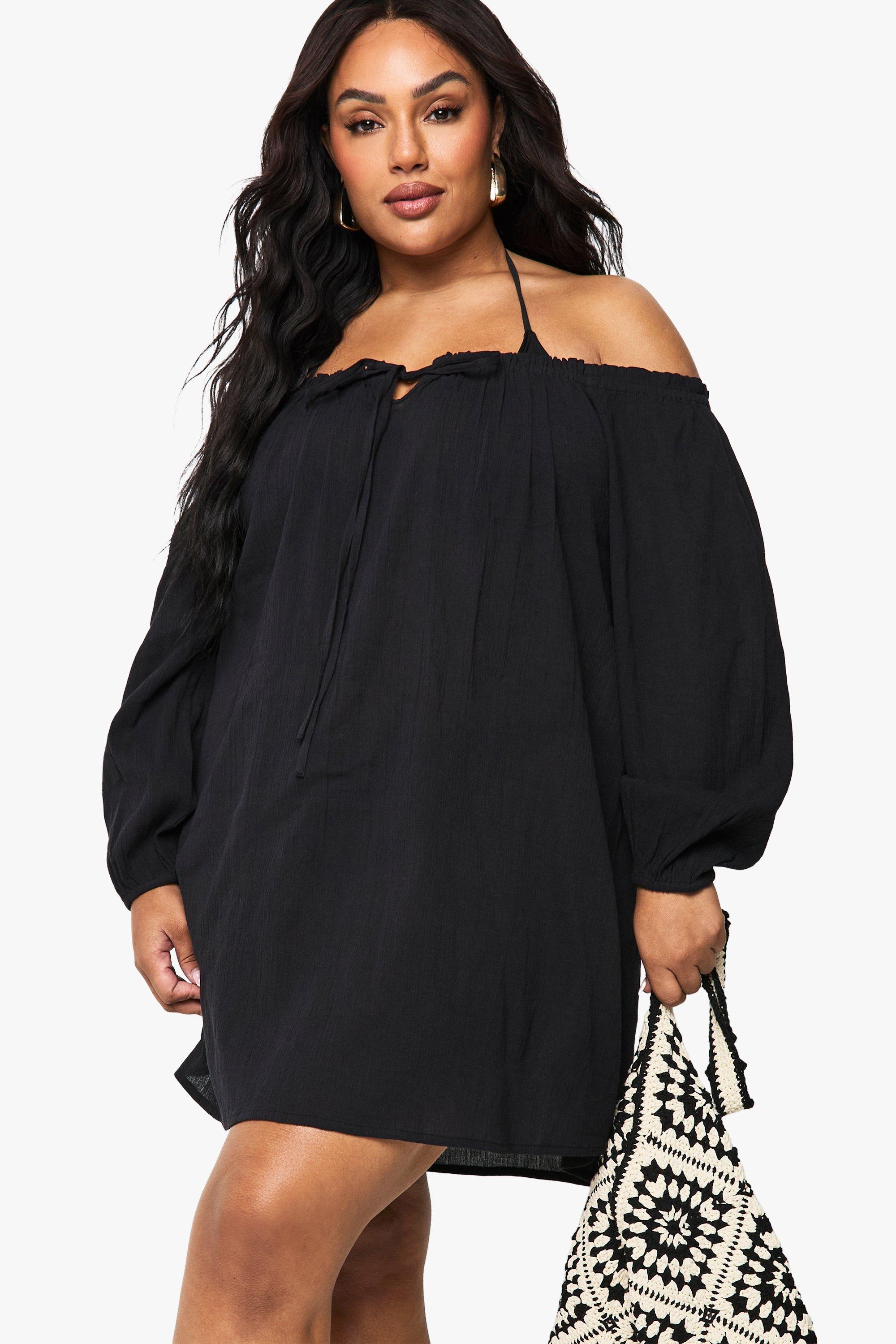Boohoo Plus Crinkle Cotton Beach Dress, Black