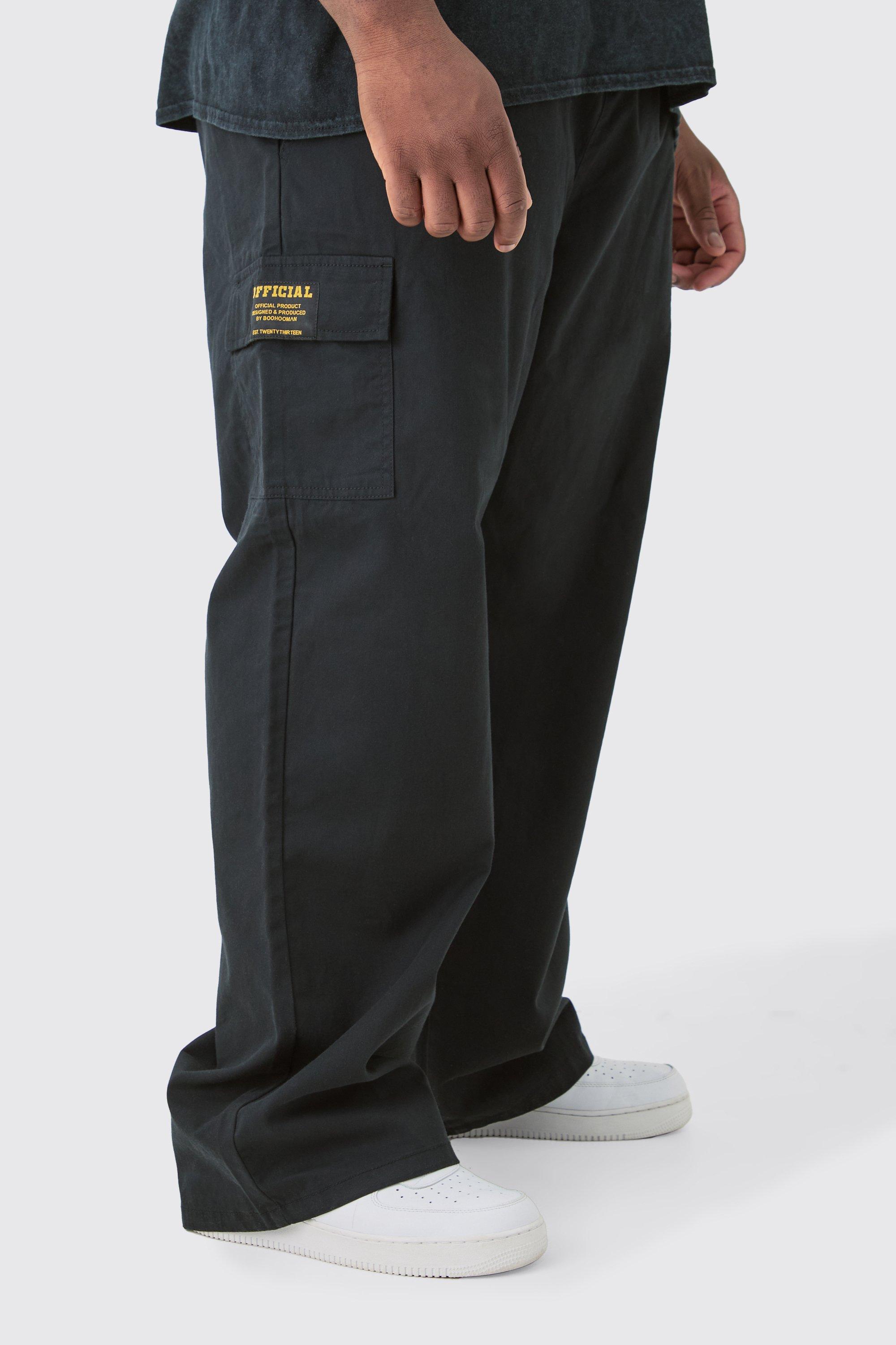 Boohoo Plus Baggy Keperstof Cargo Broek Met Label En Elastische Taille, Black