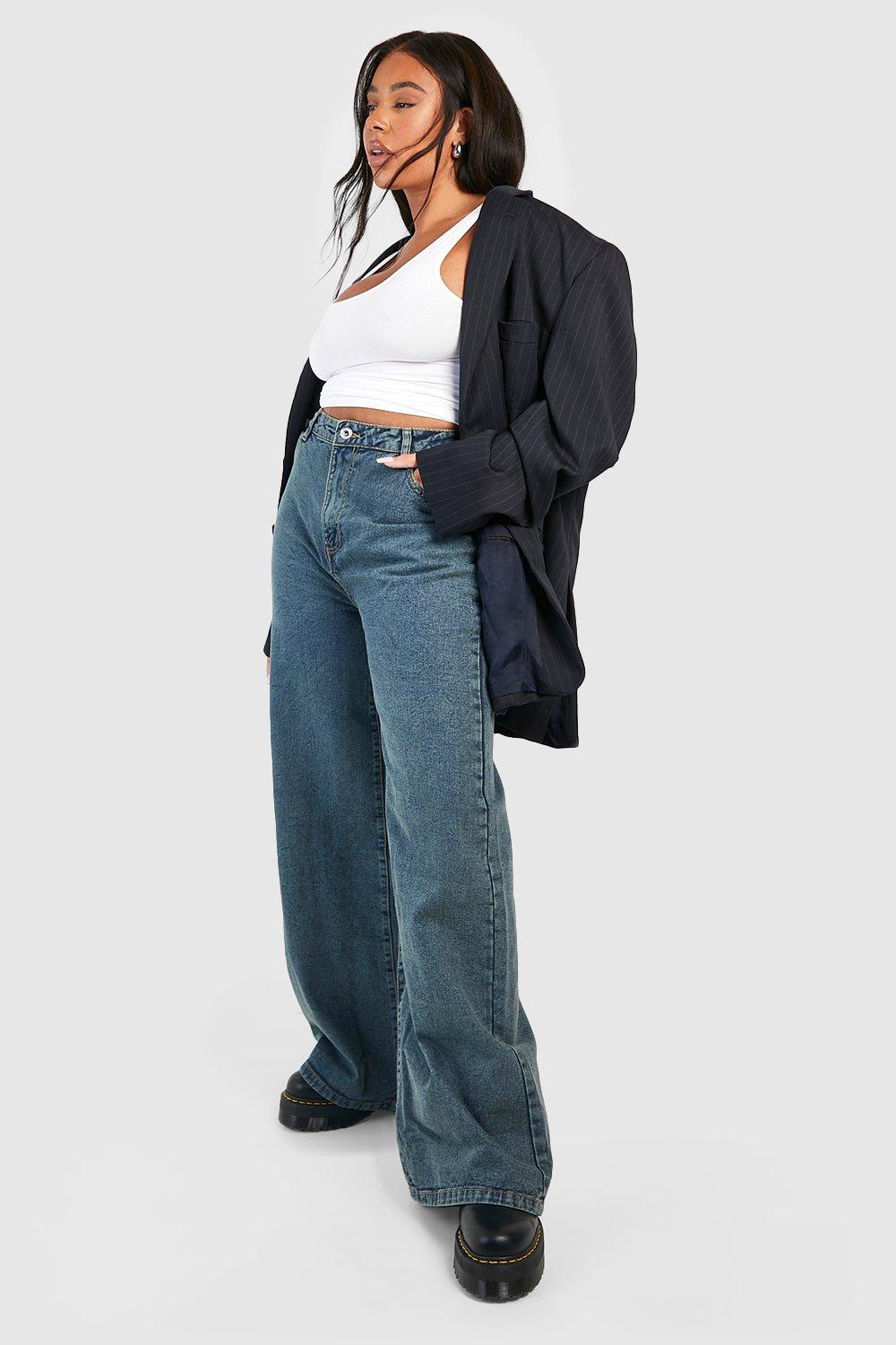 Boohoo Plus Basic High Waist Wide Leg Jeans, Vintage Wash