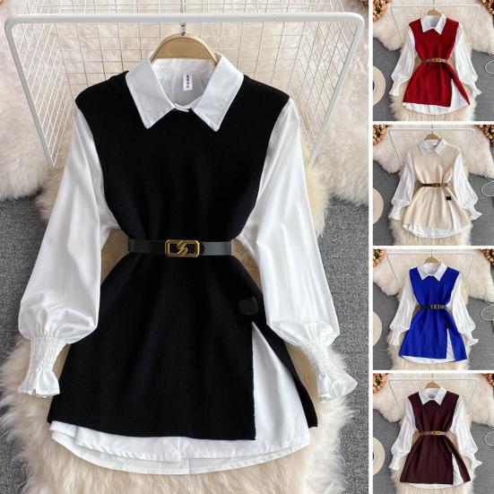 Shenglian 3 stuks/set dames shirt vest set revers lantaarn lange mouw enkelrijs shirt o-hals zijsplit breien vest set met riem zwart