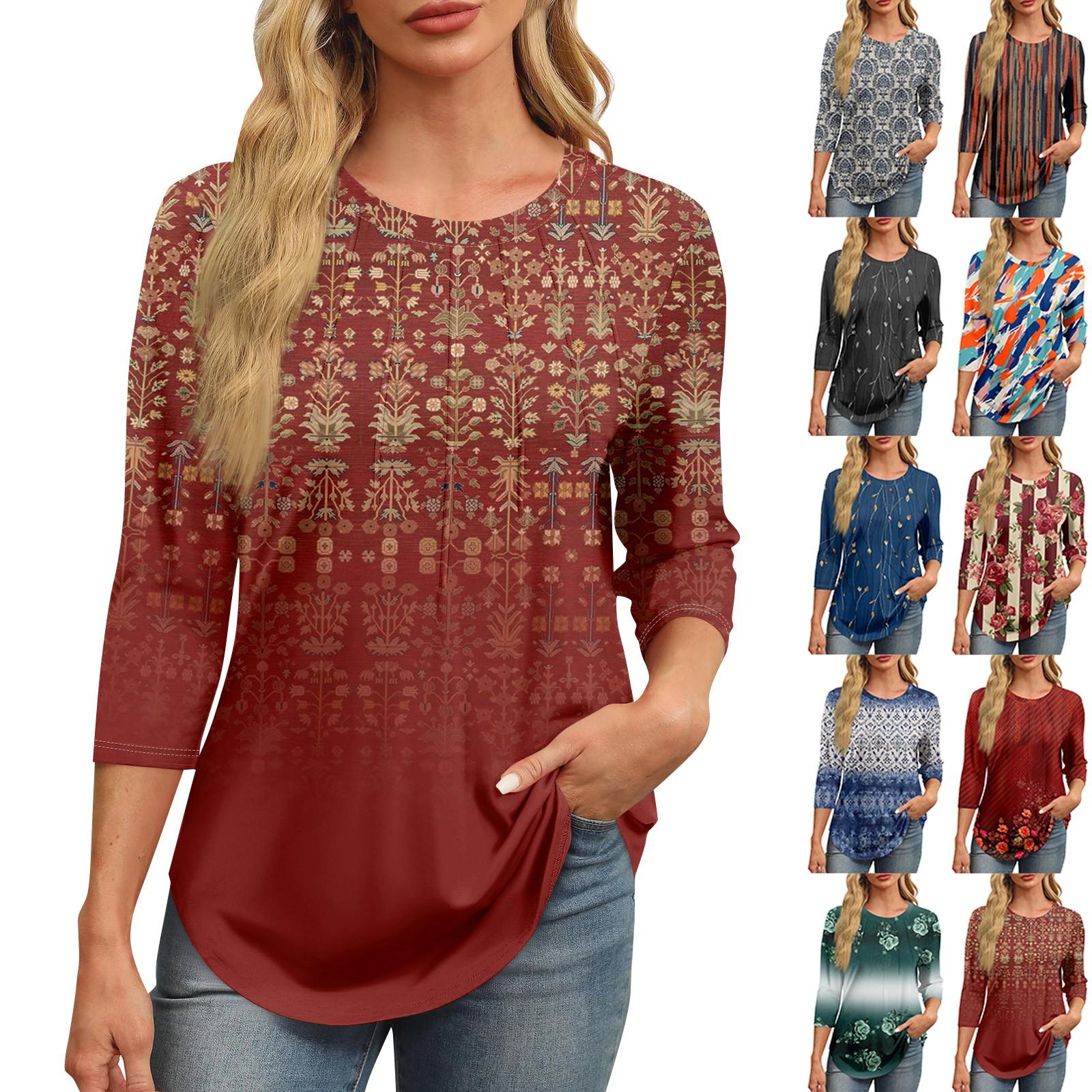 Sinking fish Dames Modieuze Ronde Hals 3/4 Mouw Bedrukt Casual Basic Geplooide Pullover T-shirt Top XL wijn