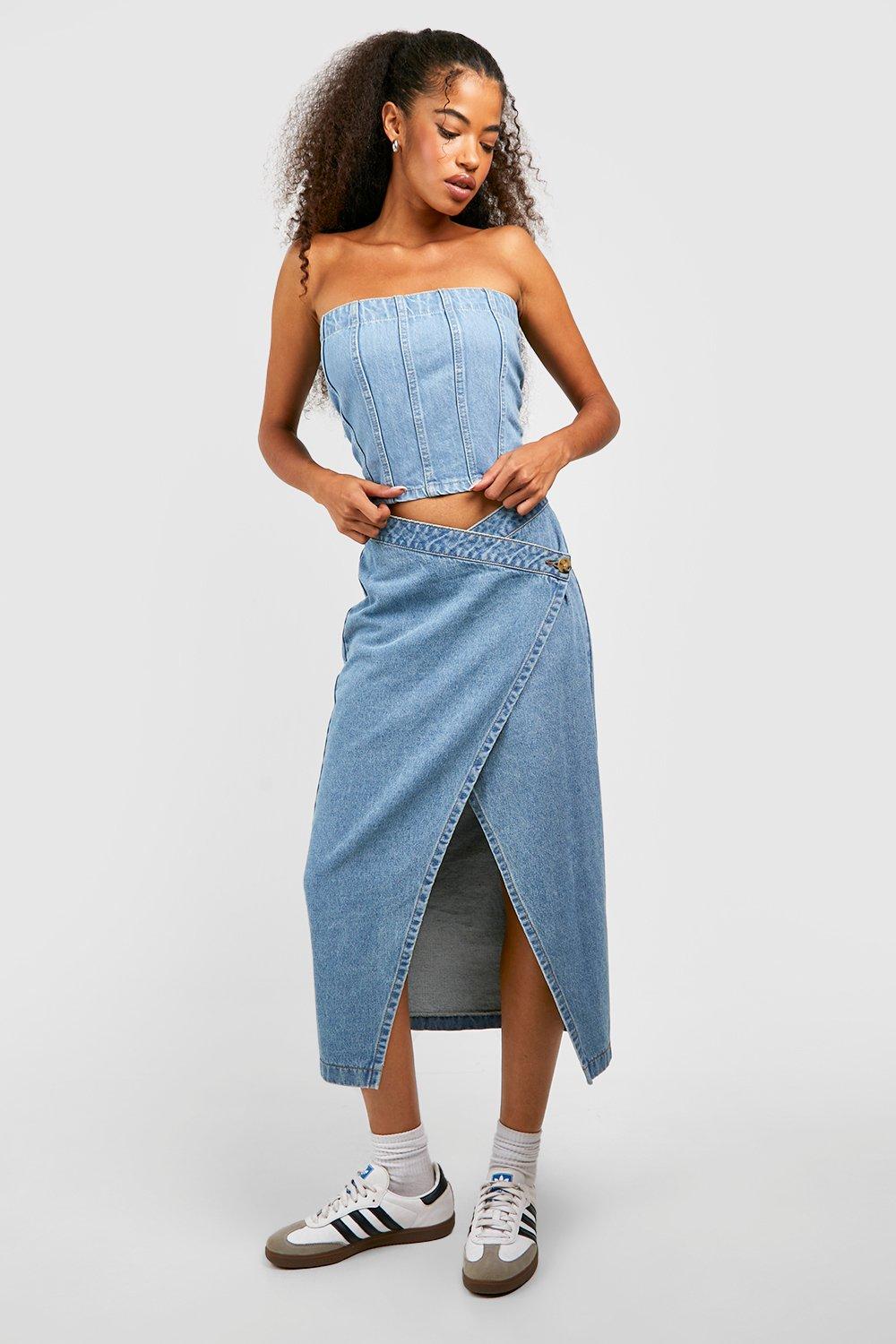 Boohoo Asymmetrische Midaxi Wikkel Spijkerrok, Mid Wash