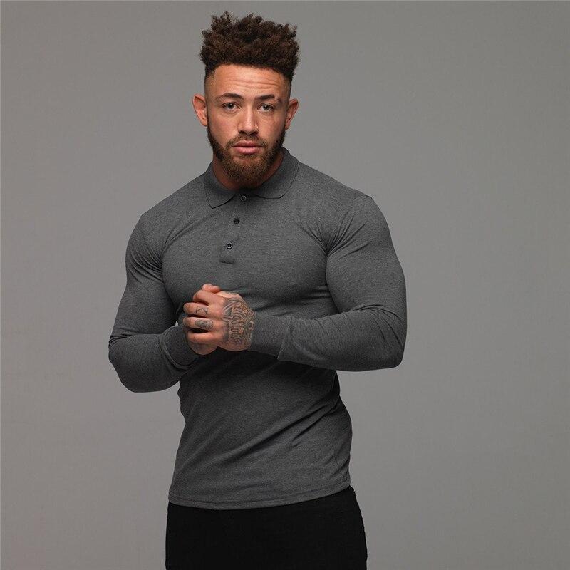 Muscleguys Herfst Casual Heren Solid Lange Mouw Slim Fit Fitness Polo Shirt L legergroene kleur