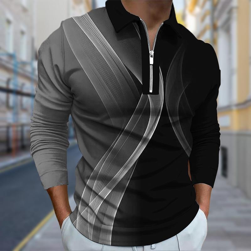 3D Custom Clothing Poloshirts Heren Lange Mouw Gedraaide Lijnen Print Nieuw Heren Poloshirt Lange Mouw Rits T-shirt Top M groen