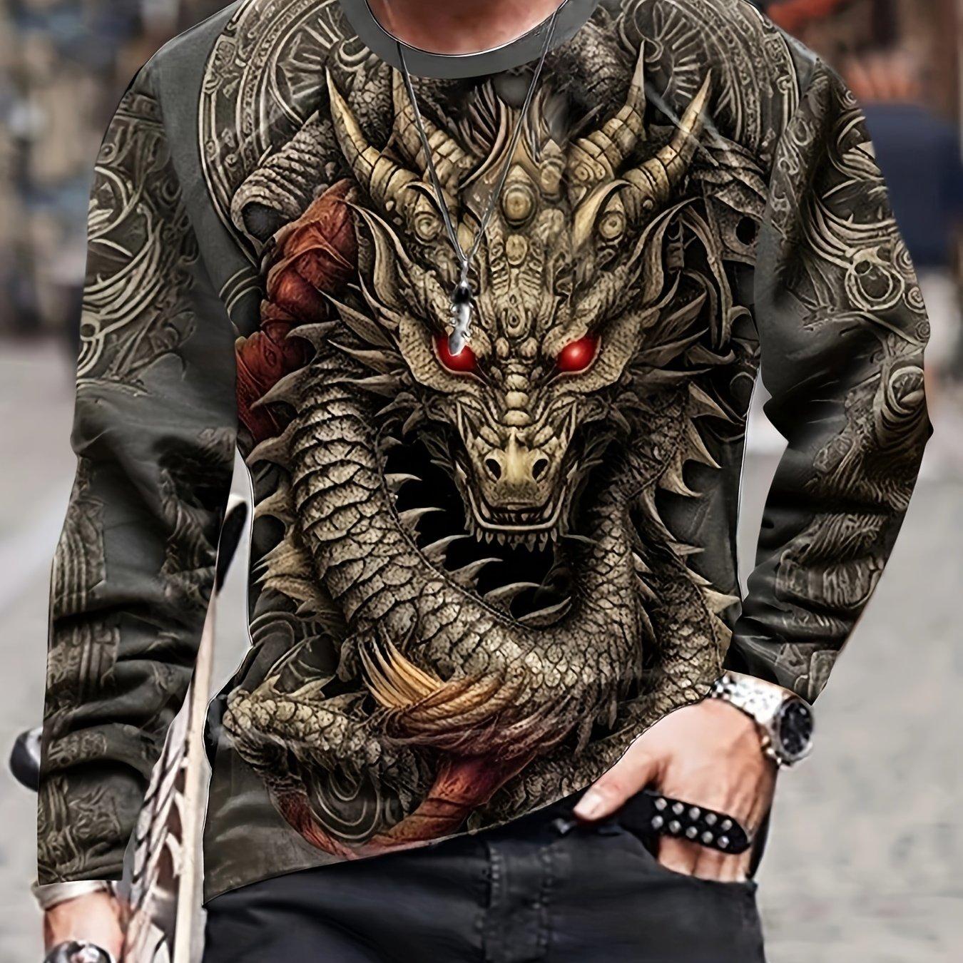 ETST 03 Unisex Dragon Majesty 3D Geprint T-shirt met Lange Mouwen  Modieus Stretch Comfort Figuurvolgend Pullover Top 3XL