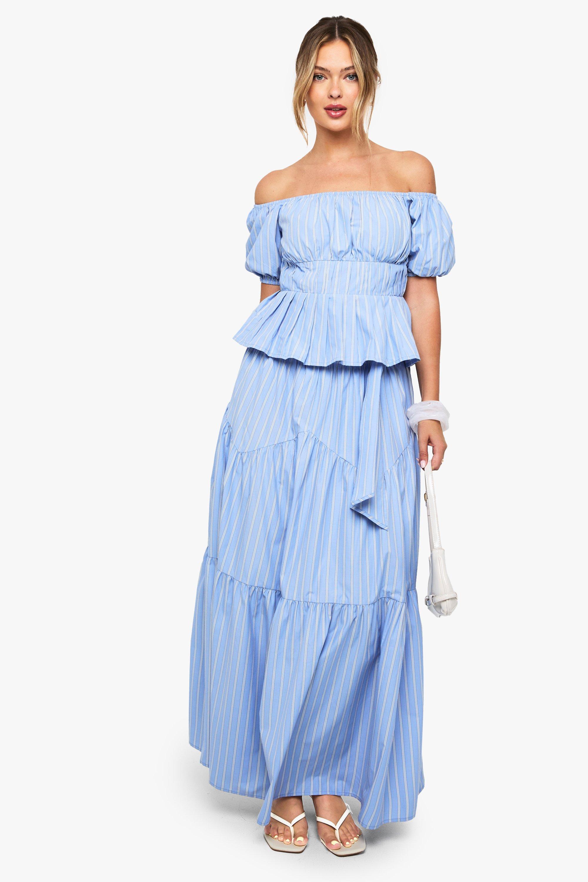 Boohoo Stripe Poplin Tiered Maxi Skirt, Blue