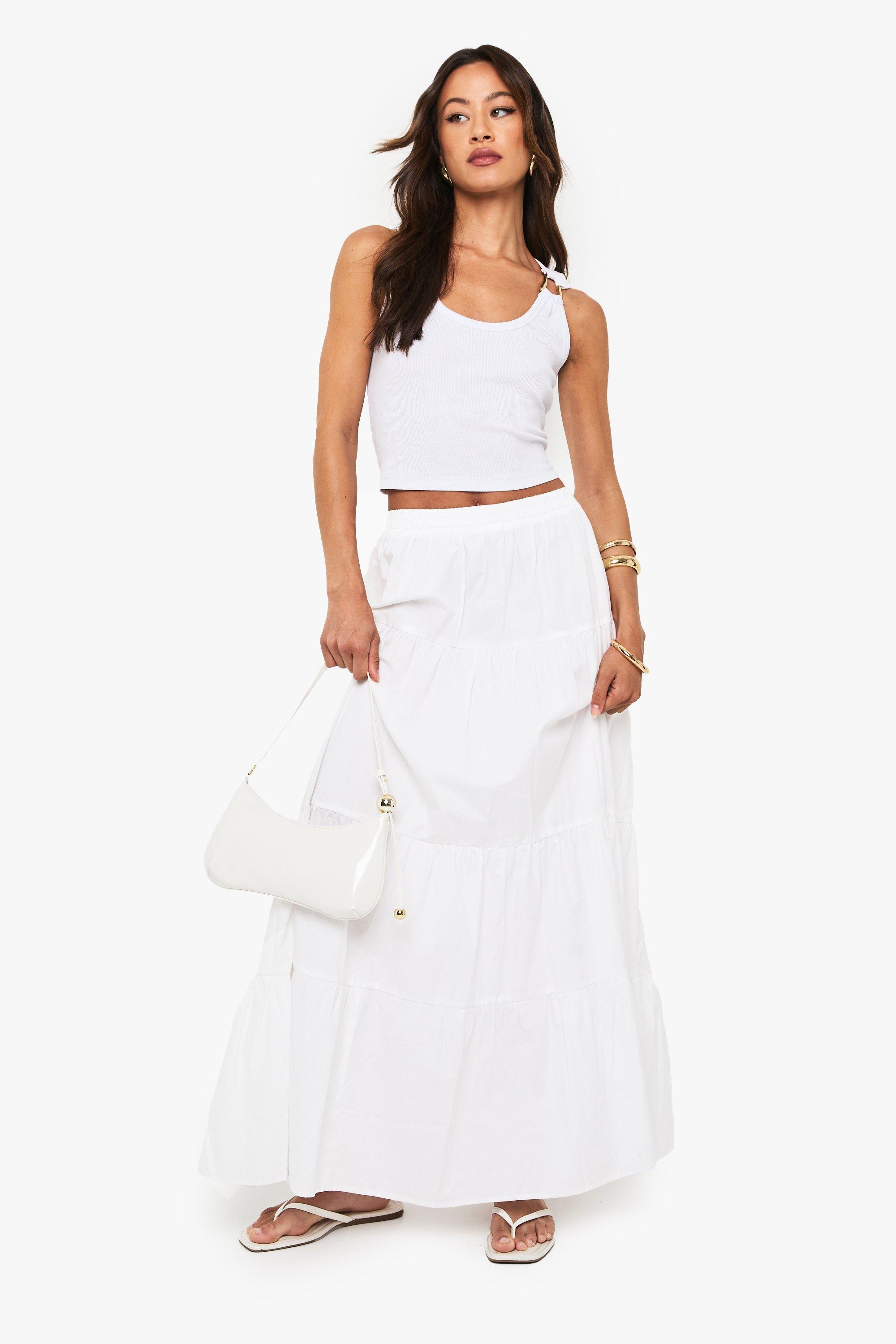 Boohoo Tall Poplin Tiered Maxi Skirt, White