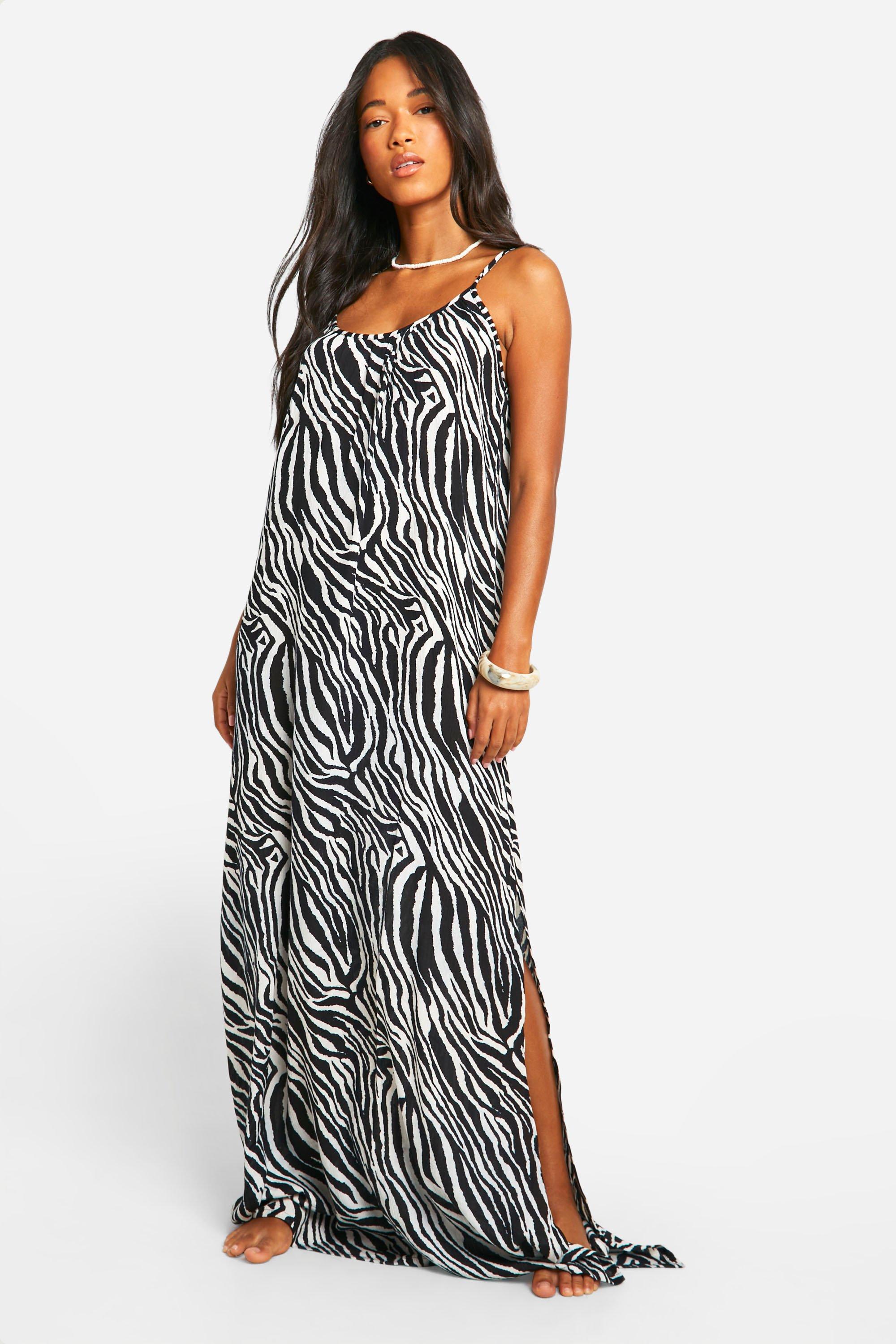 Boohoo Zebraprint Maxi Strand Jurk, Black