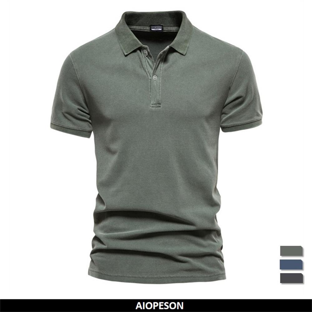 AIOPESON Men Fashion AIOPEON Katoen Effen Kleur Heren Polo Shirts Casual Korte Mouw Turndown Heren Shirts Mode Street chic Polo's voor Mannen Heren Kleding S 50-60 kg groen