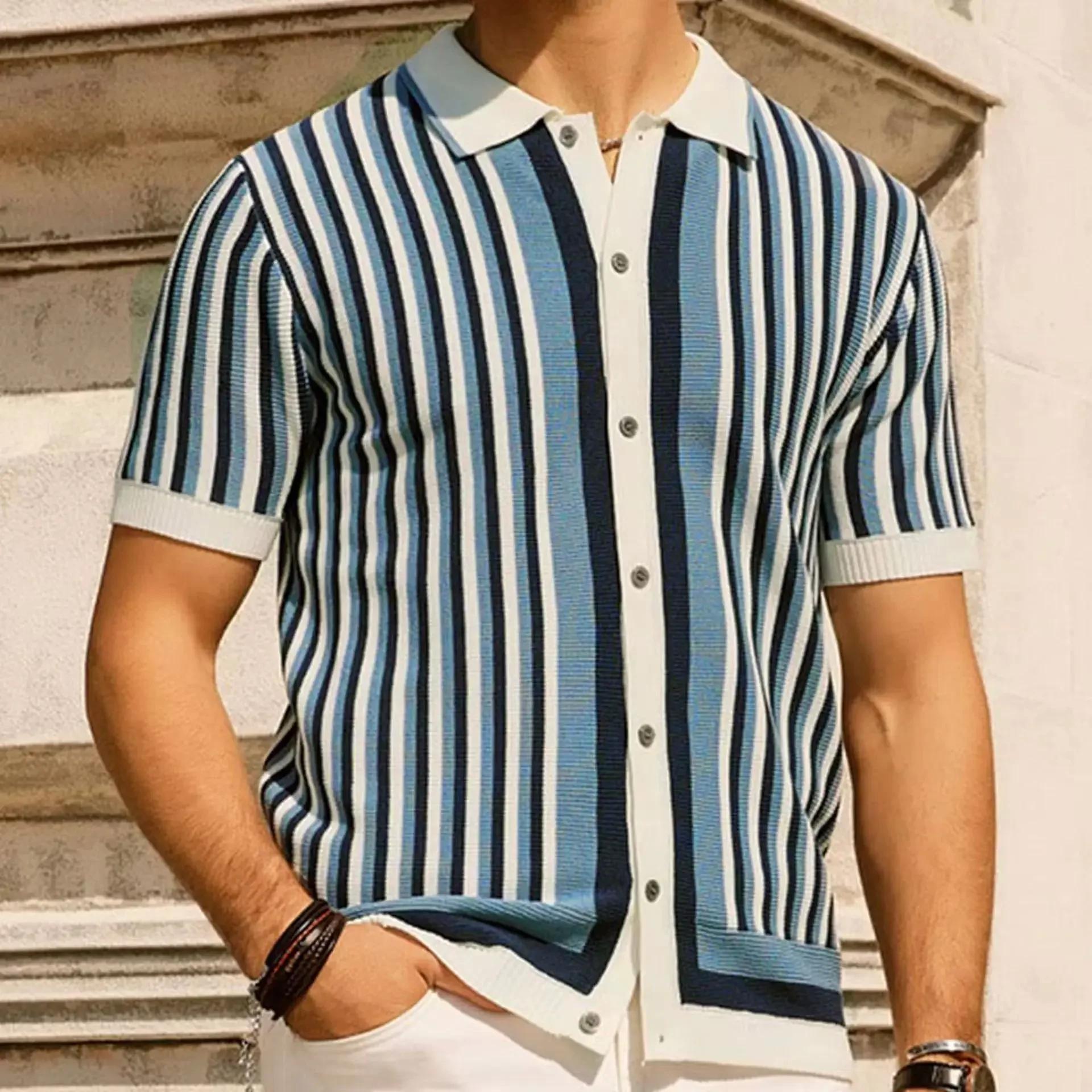 Loadingg Zomer Heren Luxe Gebreide Poloshirts Casual Vintage Knoop Revers Shirts Gestreept Splicing Kleur Korte Mouw M zwart