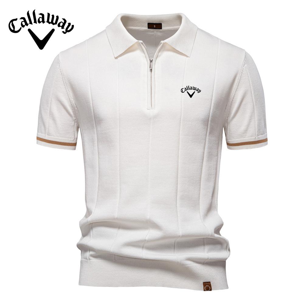Callaway 2025 Lente/Zomer Geborduurde Nieuwe Heren Business Casual Wollen Poloshirt, Gebreid Poloshirt met Opstaande Kraag, Korte Mouw L zilver