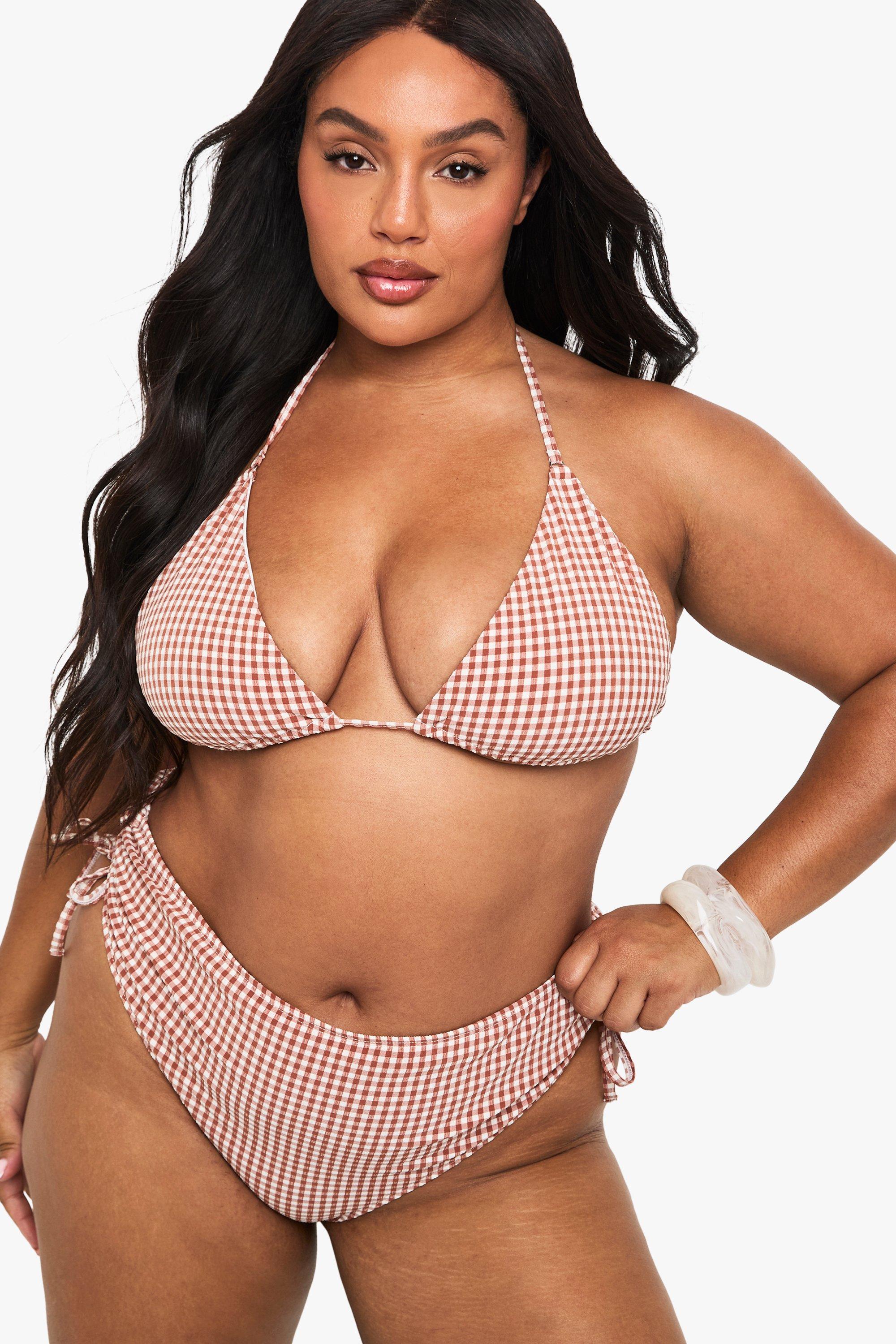 Boohoo Plus Seersucker Gingham Tie Front Triangle Bikini Top, Chocolate