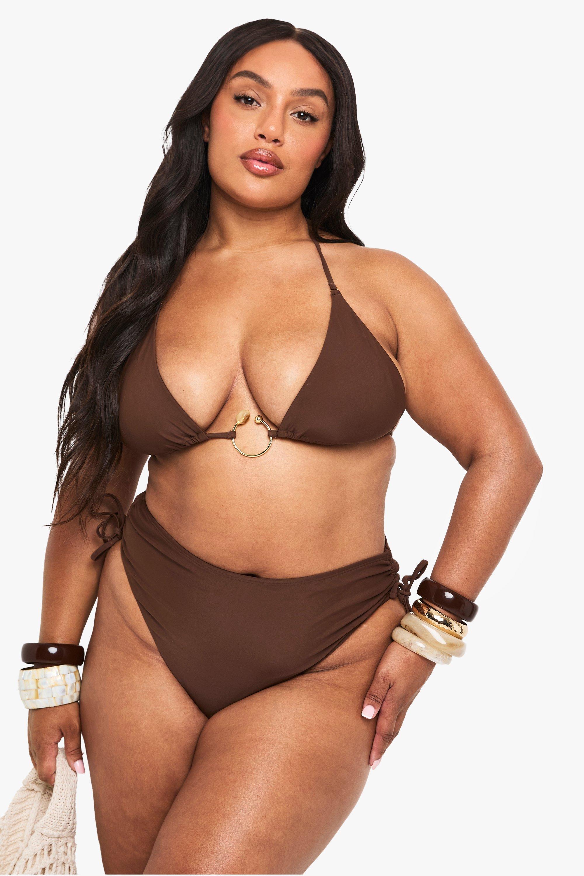Boohoo Plus Resin Trim Triangle Bikini Top, Chocolate