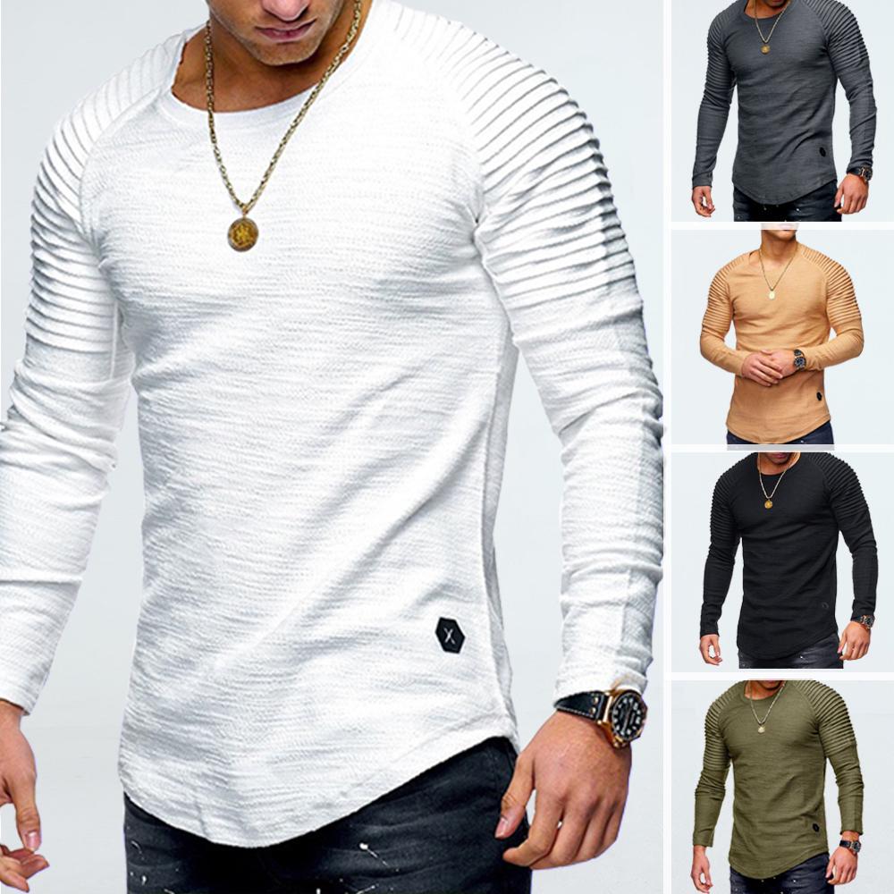 Happy Home Life Heren Casual O-Hals Pullover Effen Kleur Ruches T-shirt Tops Slim Fit Lange Mouw Asymmetrisch T-shirt M grijs