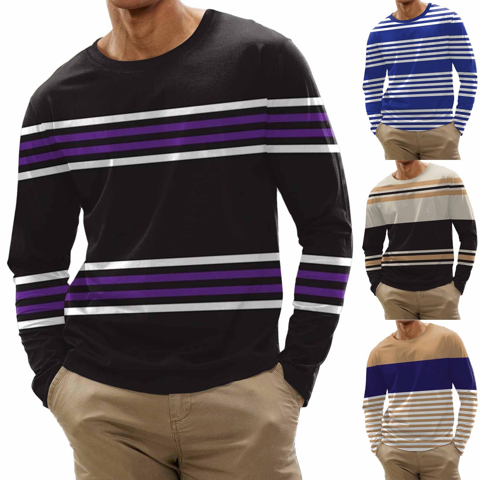 Wahaha123 Herenmode casual streep bedrukte shirts met lange mouwen en O-hals tops blouse XXXL