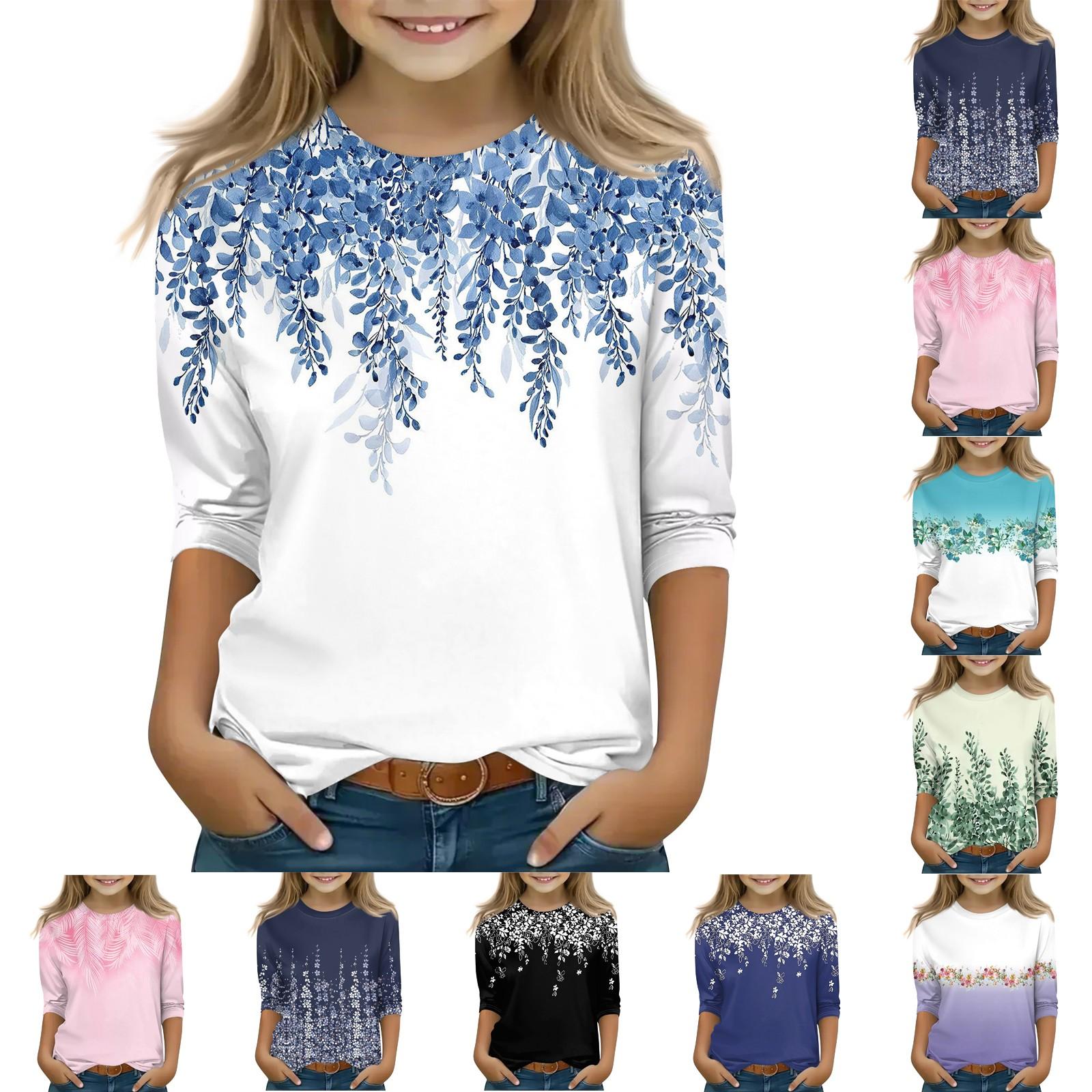 ElongPaoXiao Print tops voor jeugdige meisjes van 5-16 jaar ronde hals 3/4 mouwen T-shirts trendy tops outfit T-shirts 140