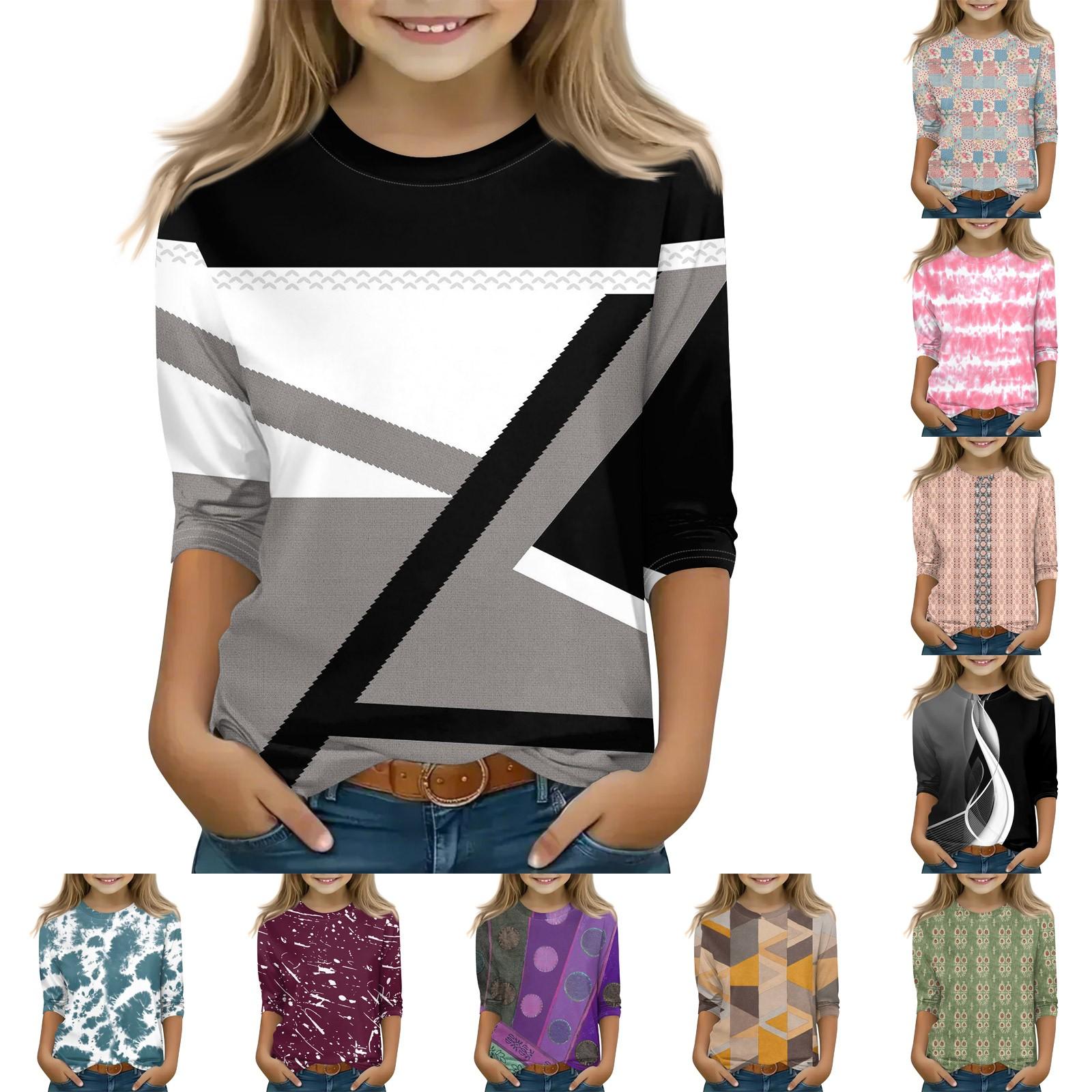 ElongPaoXiao Print tops voor jeugdige meisjes van 5-16 jaar ronde hals 3/4 mouwen T-shirts trendy tops outfit T-shirts 160 oranje