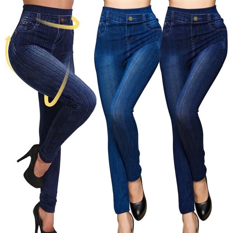 1Lorraine Dames Plus Size potloodbroek Imitatie jeans Denim broek Hoge taille legging Casual S donkerblauwe kleur
