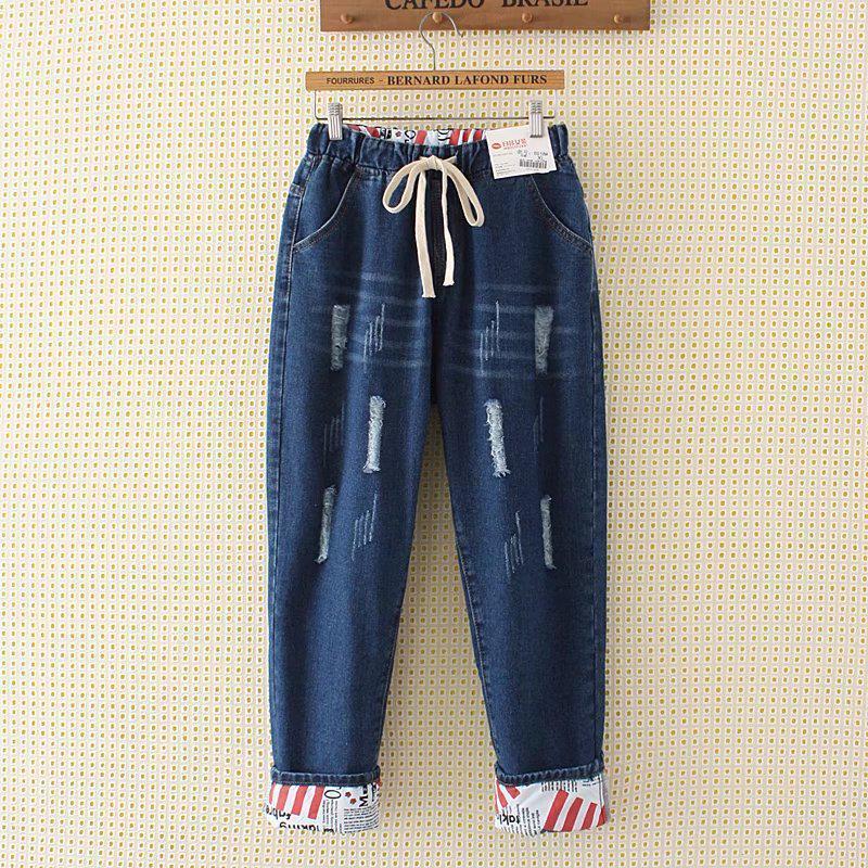 MOJTA Dames Lente en herfst Grote maat Hoge taille Casual broek Jeans met losse gaten Denim cropped broek 4XL blauw