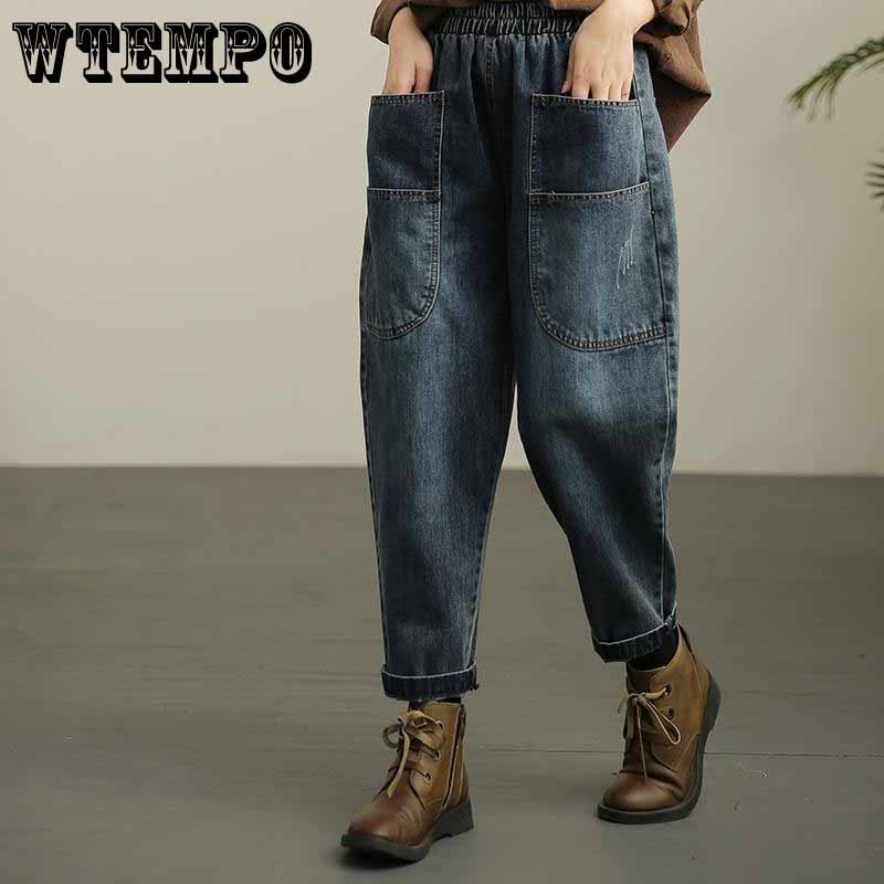 WTEMPO Retro noodlijdende harembroek elastische taille damesjeans losse wijde pijpen rechte denim grote zakbroek XXL blauw