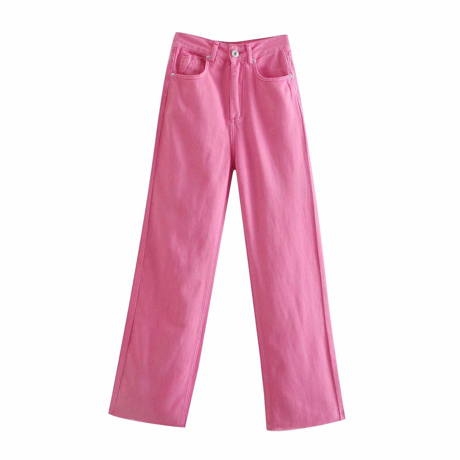 Hi Tsuki Dames zomer hoge taille dame wijde pijpen broek roze denim jeans broek broek L rozerode kleur
