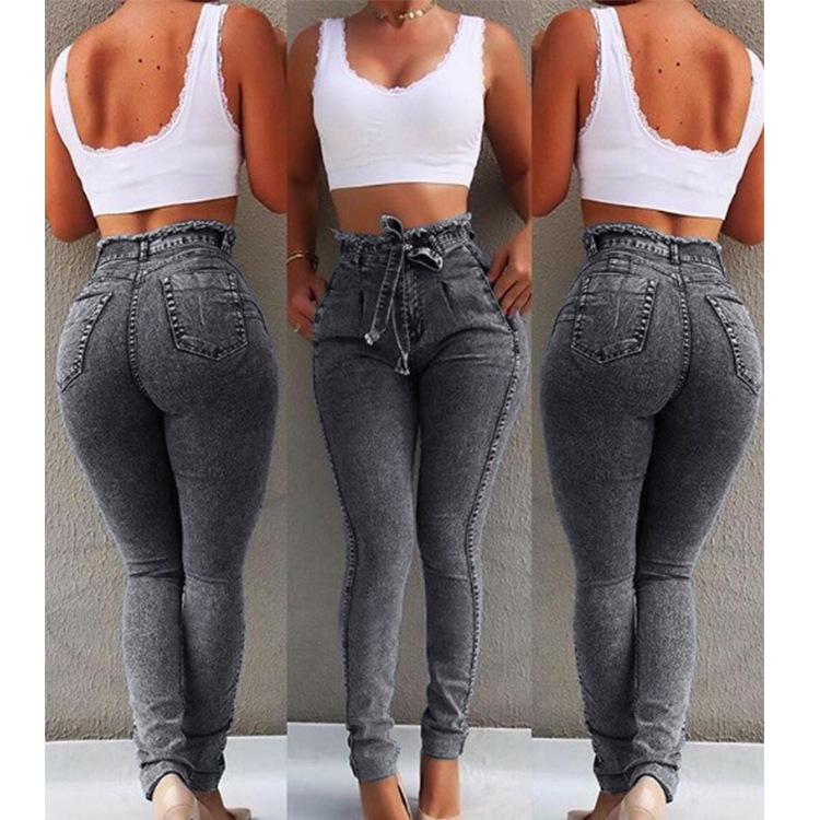 Melcke Vrouwen Bandage Denim Plus Size Jeans Femme Pencil Broek Skinny Hoge Taille Jeans XXL blauw