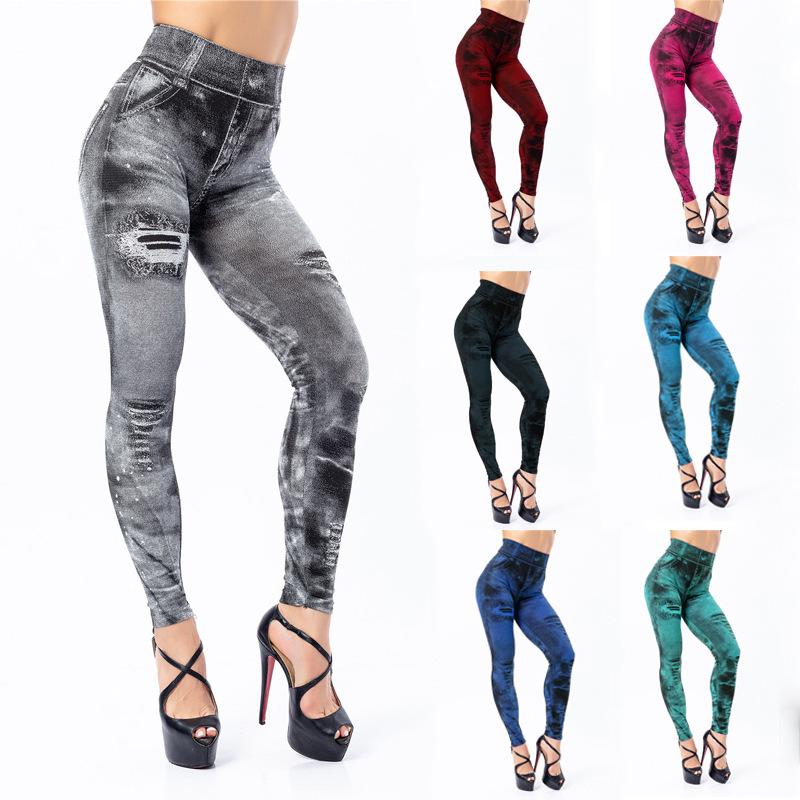 Zorioneko Dames rekbare imitatie jeans denim legging hoge taille skinny broek XL