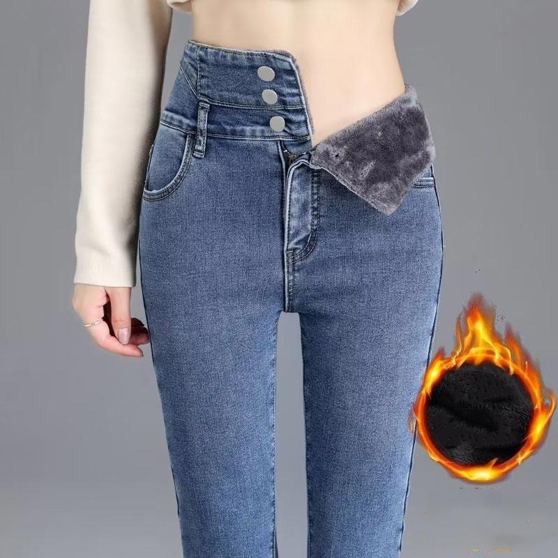 NiXis Dikker jeans voor dames Winter Hoge taille Slanke strakke broek Denim broek Damesmode Warme kleding M zwart