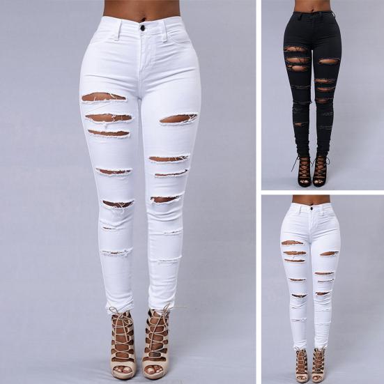 Tuosai Damesjeans Gescheurde gaten Hoge strakke taille Pasvorm Zacht Effen Kleur Slank Rekbaar Woon-werkverkeer Casual Enkellange Dame Lange broek L wit