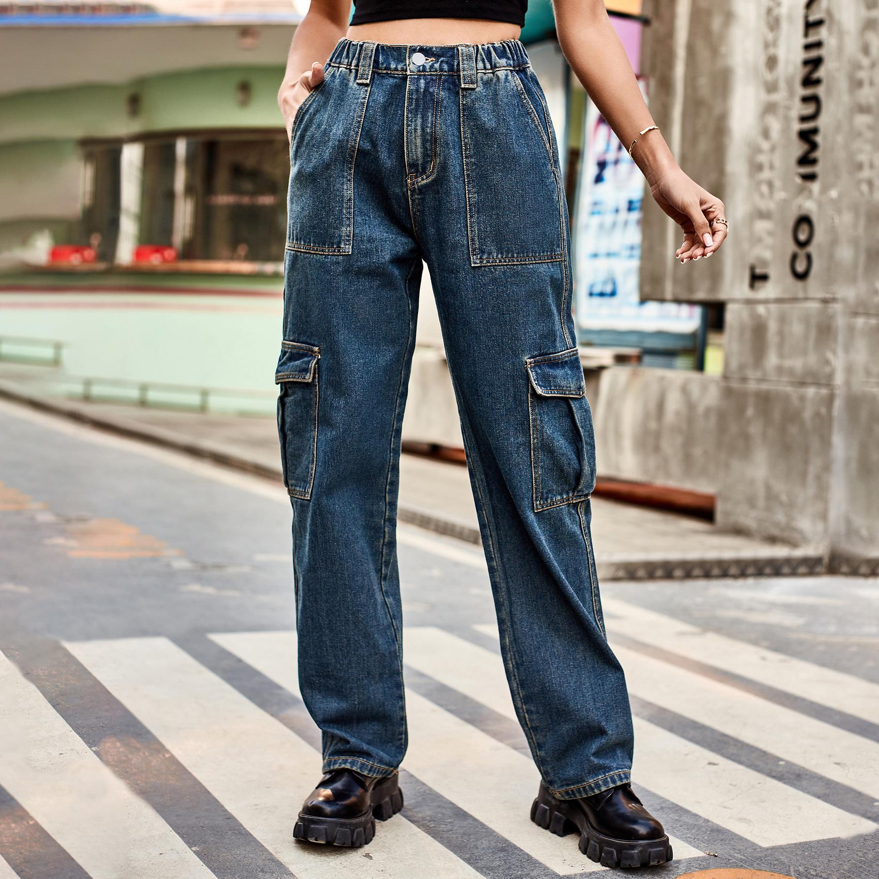 Omena Washed Semi-Elastic Cargo Casual Jeans For Women 2XL zwart
