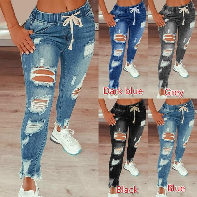 MR75XL Casual damesbroek met lage billen, gescheurde stretchjeans, cropped broek S zwart