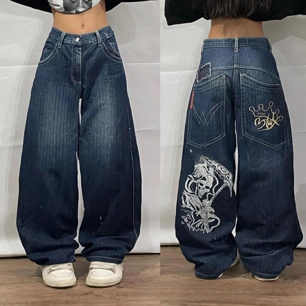 WQJ17EP Amerikaanse Y2K Nieuw Patroon Borduurwerk Losse Jeans Vrouwen Straat Casual Joker Mopping Oversized Wijde Broek Koppel Jeans L rood