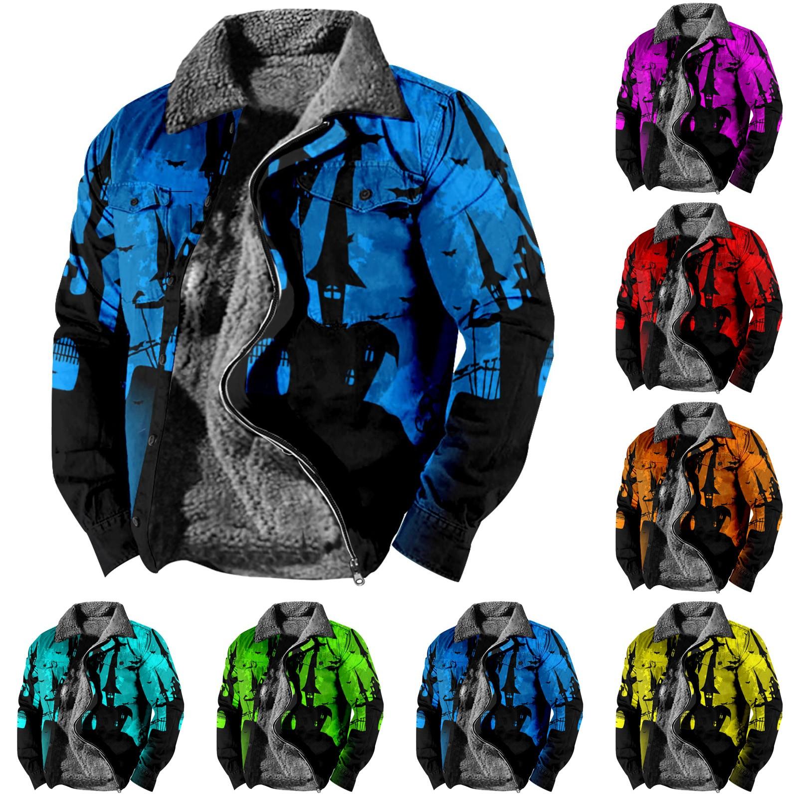 Niubiplus Winter Halloween-casual print voor heren, dikke jas met lange mouwen en knopen XL geel
