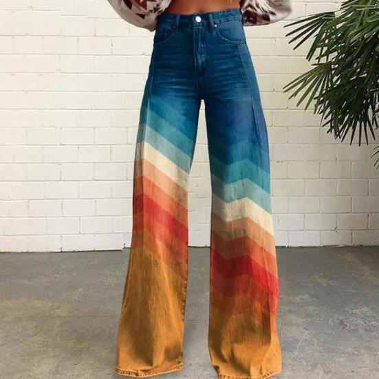 Midsummer Night Dream Dames casual broeken kleurrijke 3D bloemenprint uitlopende pijpen hoge taille plus size jeans knoopsluiting met zakken Lojng broeken voor daten XXL