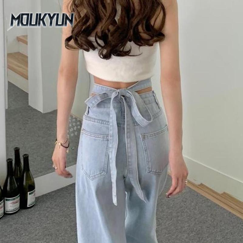 MOUKYUN Koreaanse Retro Slim Fit Taille Lichtblauwe Jeans Dames Strik Hoge Taille Losse Casual Wijde Pijpen Denim Broek Dames S lichtblauwe kleur