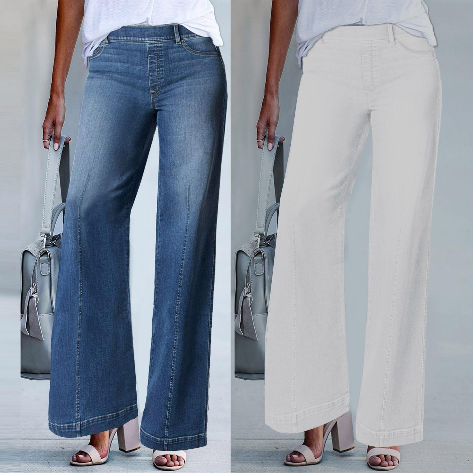 Ren Beauty Jeans met wijde pijpen aan de voorkant, elastische taille, stretchdenim, flare-jeans, hoog getailleerde Jean, Bell Bottom-jeans, verlengd XS wit