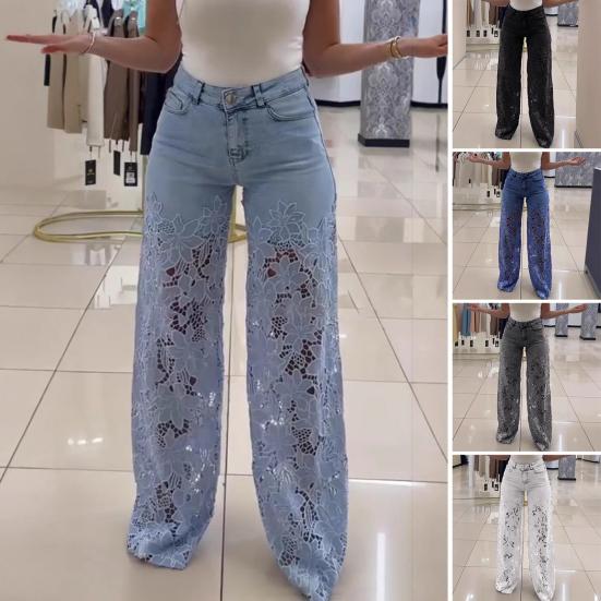 Huakai Dames Jeans met Kant Patchwork Casual Baggy Rechte Wijde Pijp Denim Broek Mid Waist Bloemig Holle Jeans S wit