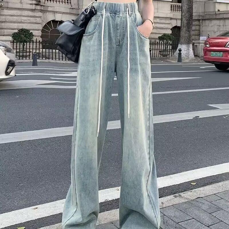 BM38TM Vintage jeans vrouwen rechte broek met trekkoord gedrapeerde dragline broek losse wijde pijpen broek tij XL blauw