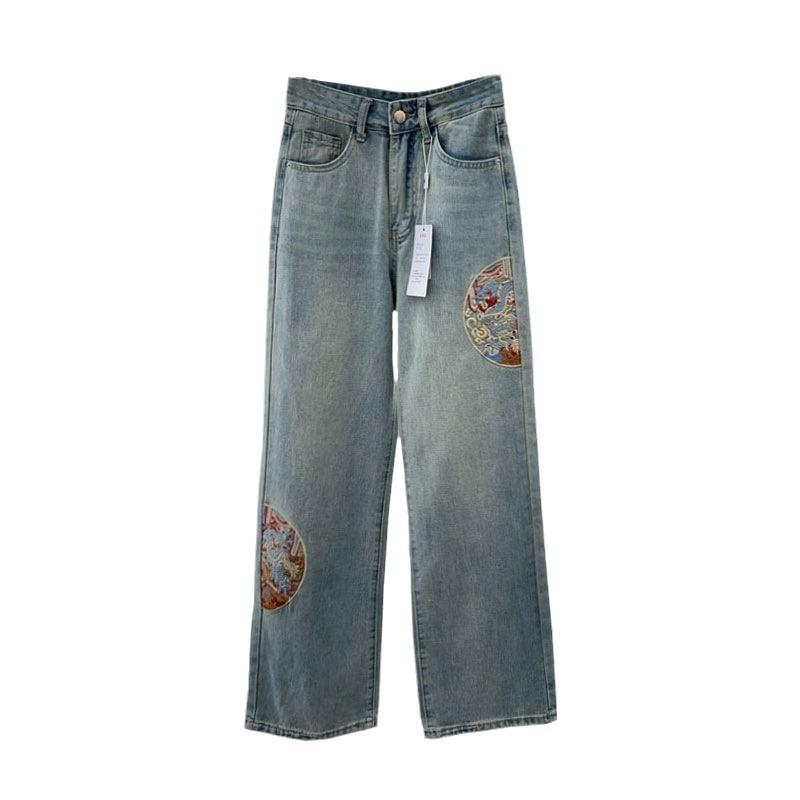 ET40YY Vintage wijde pijpen broek geborduurde rechte jeans voor dames hoog getailleerde trailing broek XL lichtblauwe kleur