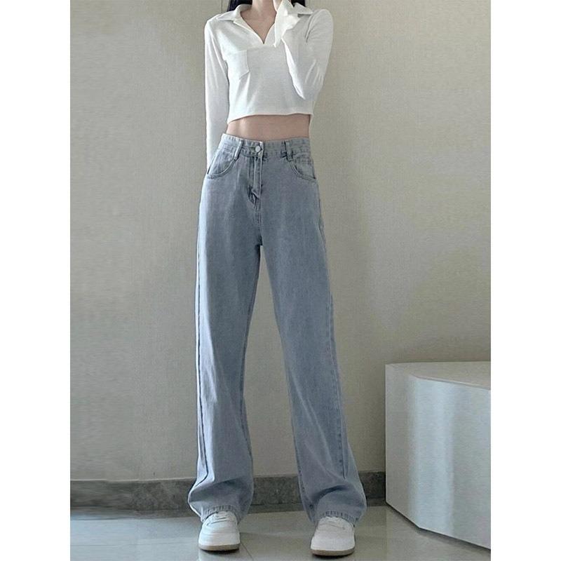 ET40YY Lente- en herfstjeans voor dames, rechte taille, dunne gedrapeerde lange broek met wijde pijpen, denim jeans XL lichtblauwe kleur