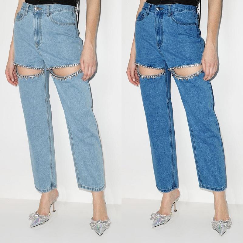 ET40YY Damesbroek Mode Niche Diamant Studded Kralen Mid-waist Rechte Lange Dij Uitsnijding Jeans XXL lichtblauwe kleur