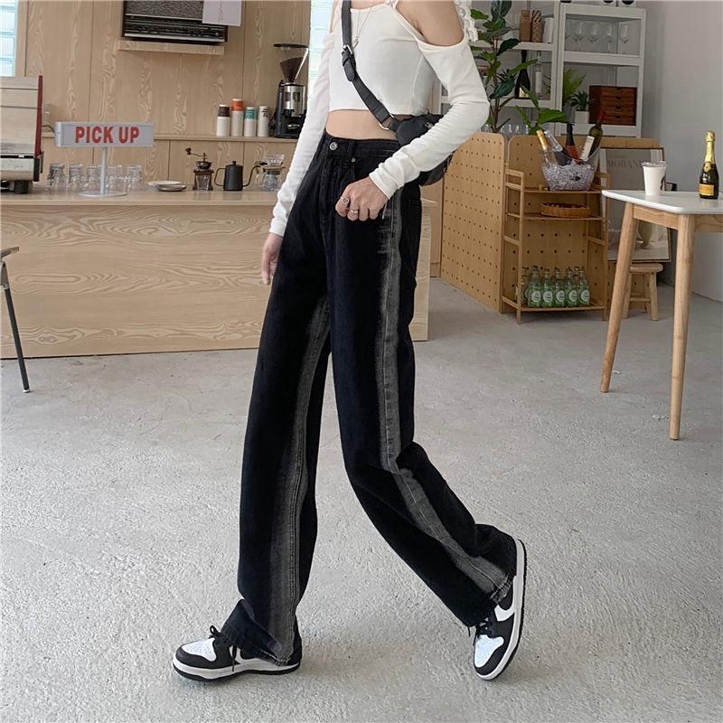 ET40YY Zwarte rechte jeans dames lente en herfst retro broek hoge taille losse wijde pijpen broek denim jeans XL zwart