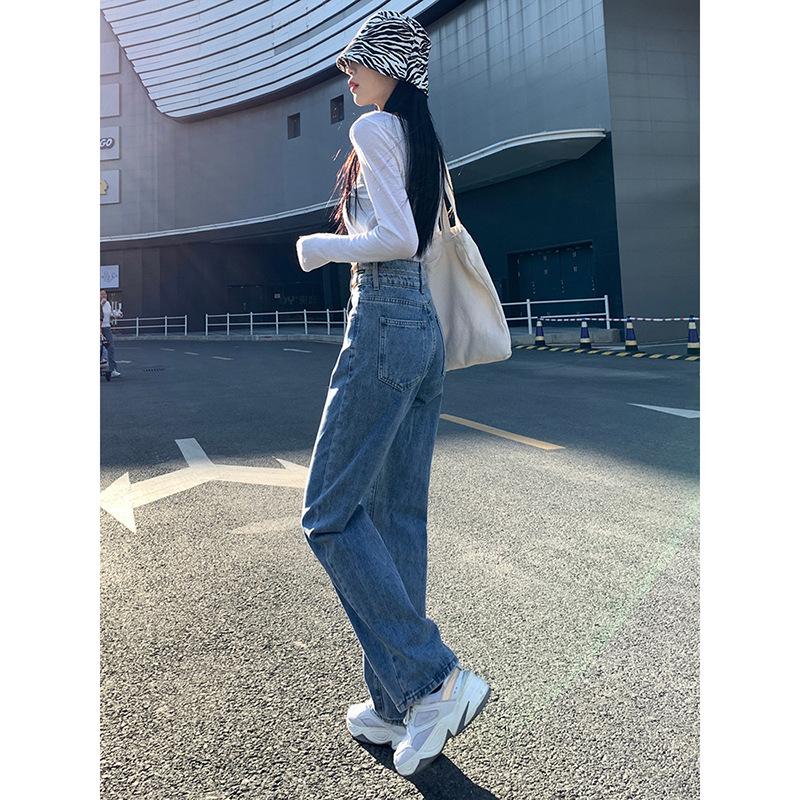 EG41NB Jeans met hoge taille en wijde pijpen Dames Lente en herfst Losse rechte lange broek Denim jeans XL lichtblauwe kleur