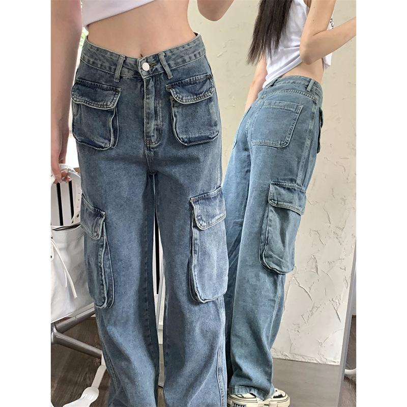 AB45XJ Lente werkbroek met rechte pijpen Vintage jeans met meerdere zakken voor dames Herfst broek met wijde pijpen XL blauw