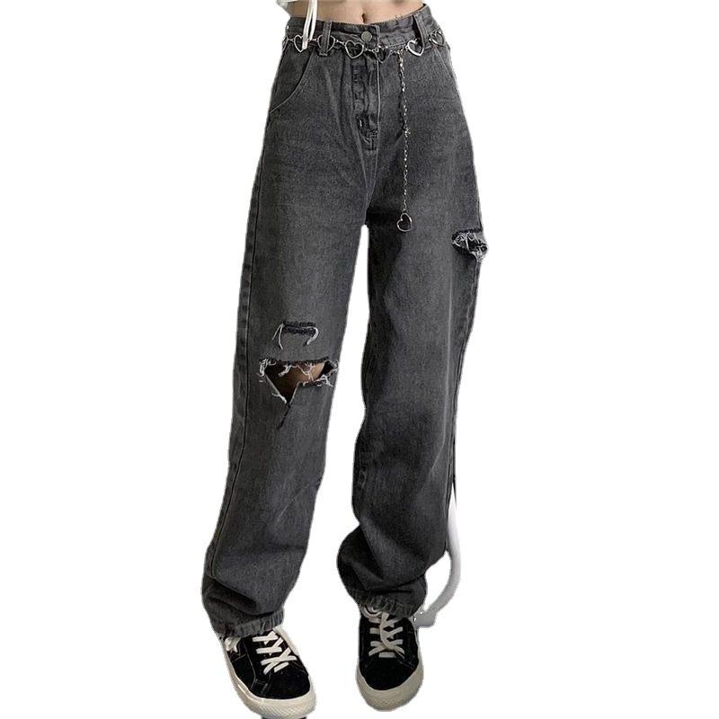 AB45XJ Broek voor dames zomer retro hoge taille gebroken gaten jeans losse dunne rechte wijde pijpen pops broek tij XL zwart/grijs