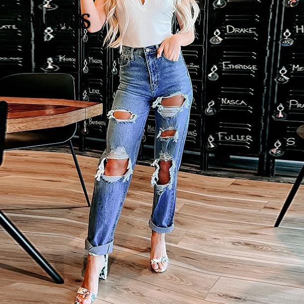 AB45XJ Zomerse rechte damesjeans met hoge taille, skinny gescheurde jeans XL lichtblauwe kleur
